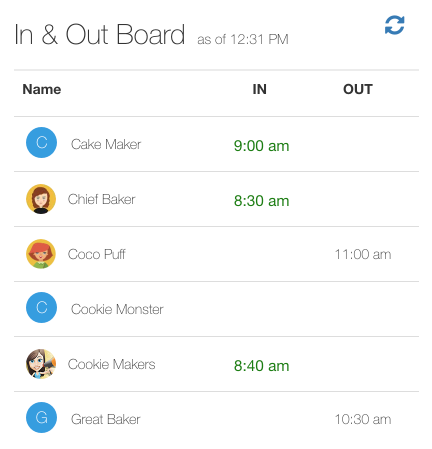 Quickly see who's clocked in with the in & out board